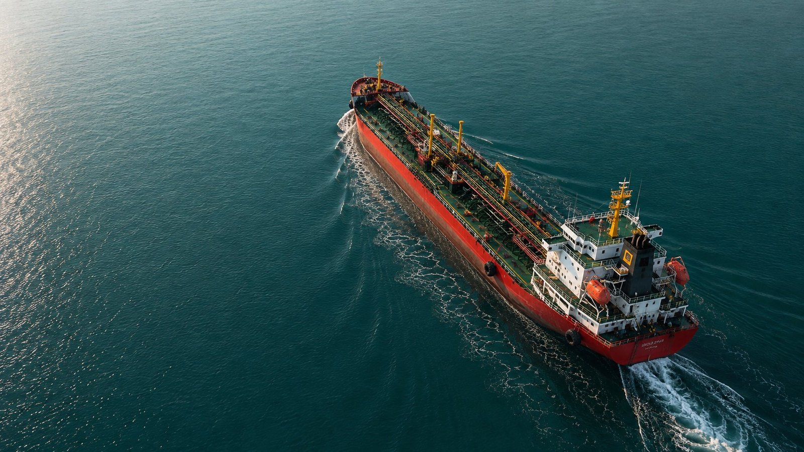Aerial view of a Rox Oil x Rossetti product tanker at sea