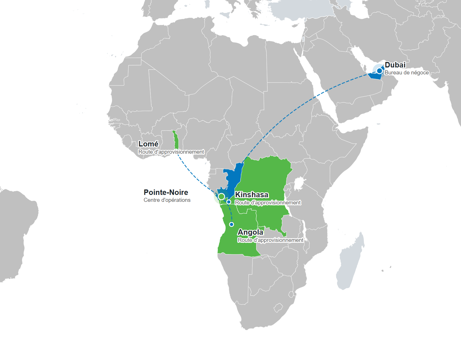 Rox Oil x Rossetti : bureau de négoce à Dubaï, centre d'opérations à Pointe-Noire, routes d'approvisionnement vers Lomé, Kinshasa et l'Angola